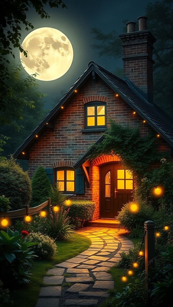 A brick cottage illuminated by moonlight with a stone pathway and glowing lights.