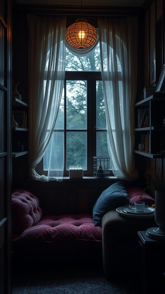 A cozy alcove featuring a pink velvet couch, dark wooden shelves, a large window with white curtains, and a warm pendant light, creating an inviting atmosphere.