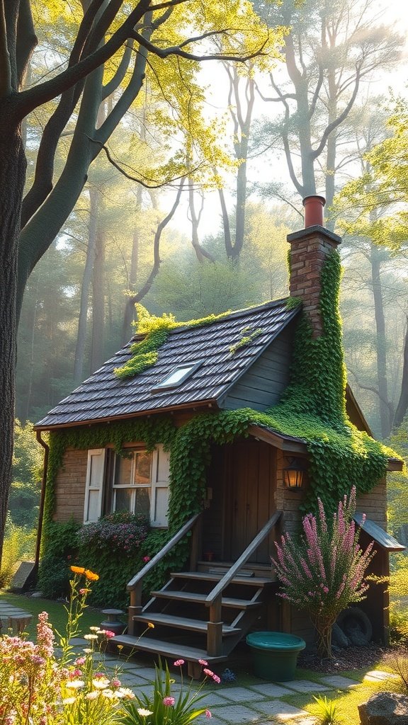 Charming moss-draped cottage surrounded by trees and colorful flowers