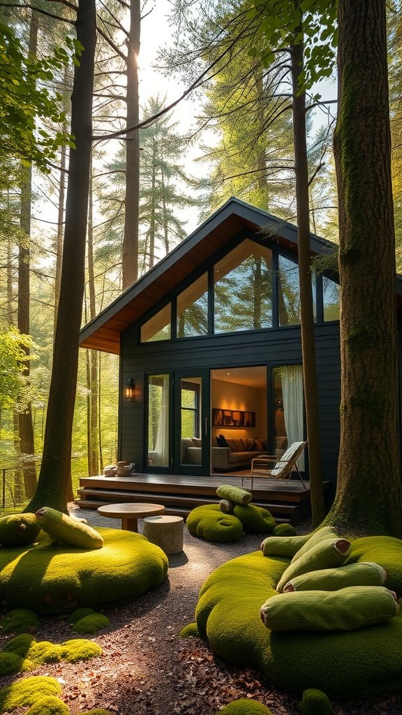 A modern tiny house surrounded by mossy areas and tall trees in the woods.