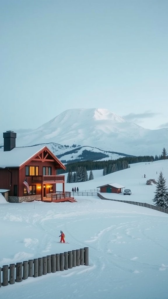 A snowy landscape featuring a cozy ski lodge with a backdrop of Mount Ruapehu.