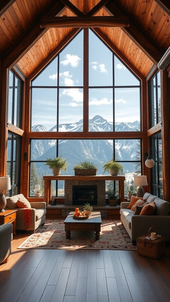 Cozy living room with large windows showcasing snow-capped mountains and rustic wooden beams.