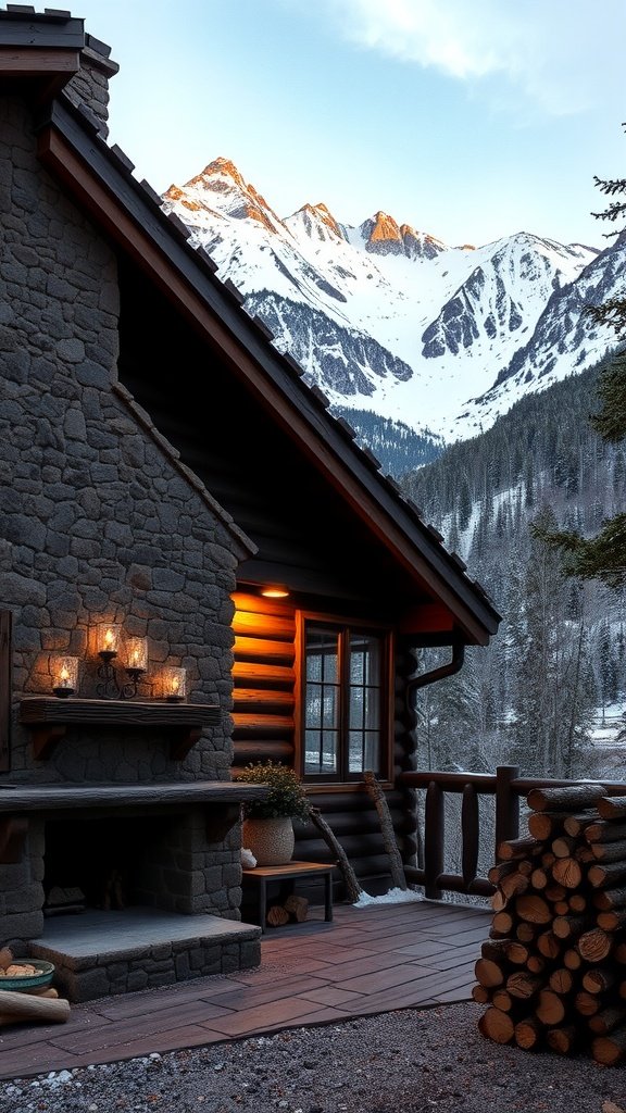 A rustic mountain house with a stone fireplace and snowy mountains in the background.