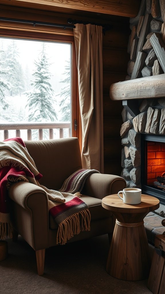 Cozy corner in a mountain lodge with an armchair, blanket, side table, and a view of snow-covered trees through a window.