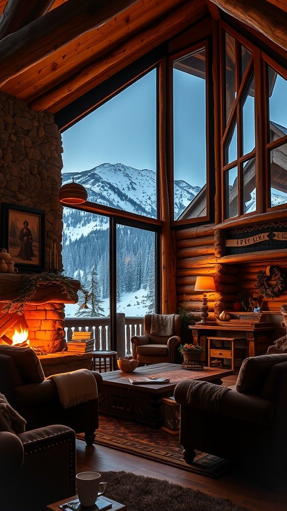 Interior of a rustic mountain lodge with a fireplace and large windows showing snowy mountains