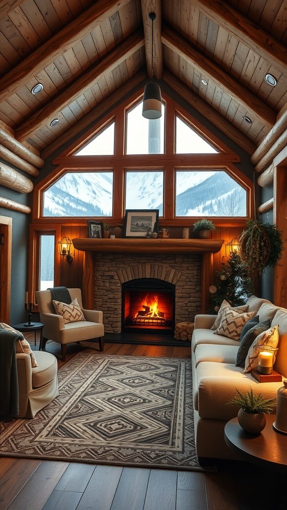 Cozy timber lounge with a fireplace and mountain view