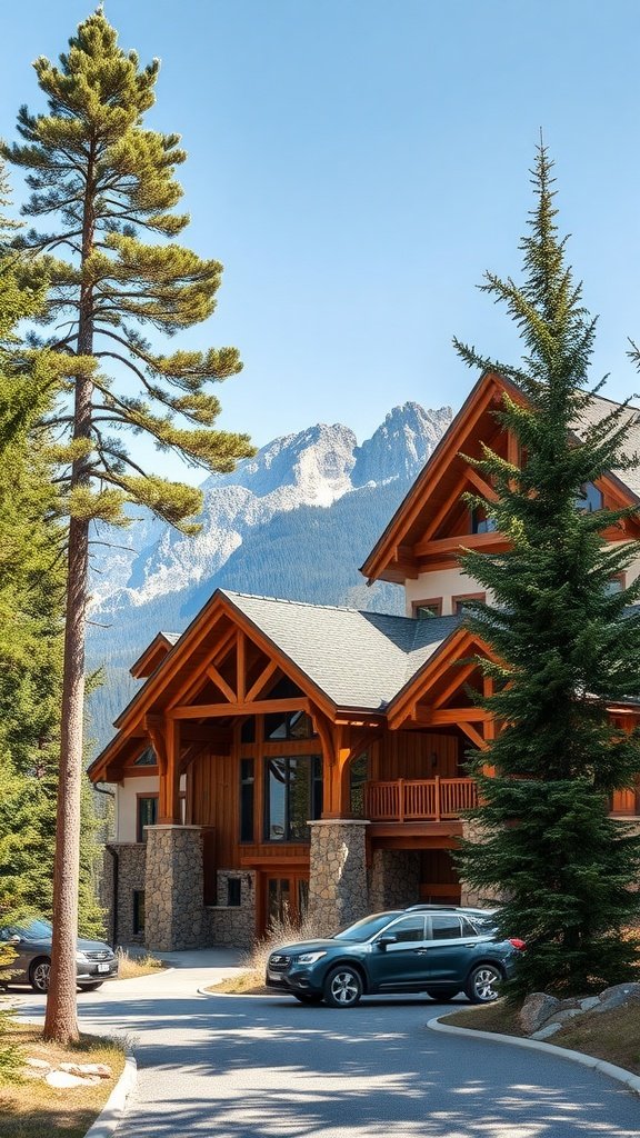 A rustic mountain house made of timber and stone, surrounded by pine trees and mountains in the background.