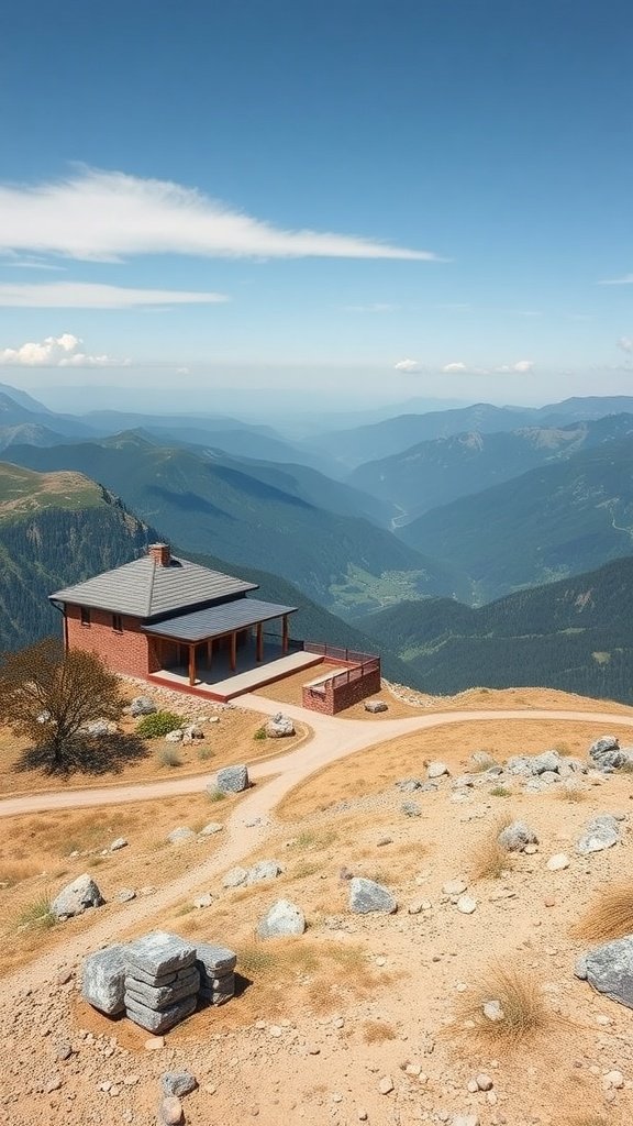 A mountain top farmhouse surrounded by scenic views, featuring a simple design with a porch.