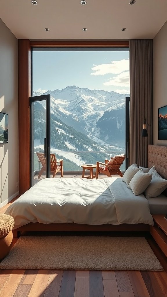 Cozy mountain view bedroom with a large window and private balcony