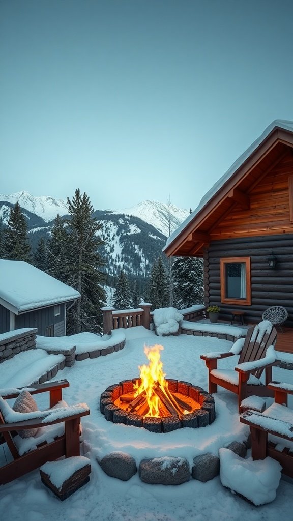A mountain view cabin with an outdoor firepit surrounded by snow, showcasing wooden chairs and a beautiful winter landscape.