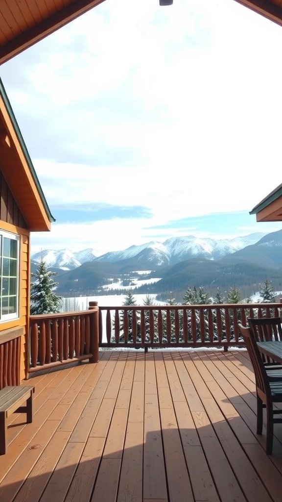 A view from the deck of a lodge overlooking snow-covered mountains and trees.