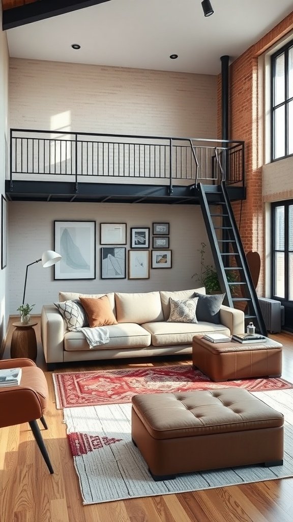 Cozy modern loft living room with multi-functional furniture, featuring a sofa, ottoman, and area rug
