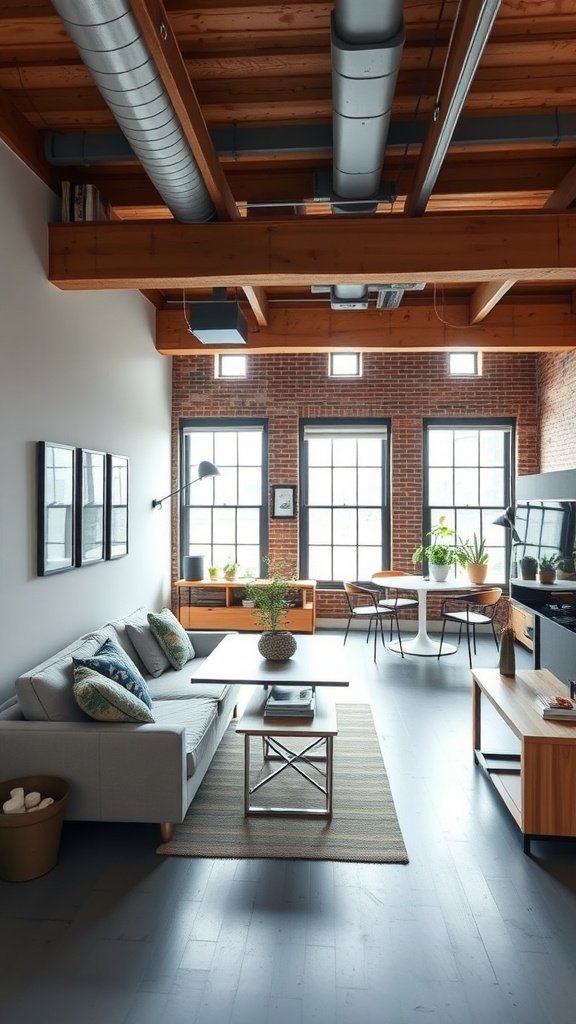 A stylish urban loft featuring multi-functional furniture in a compact living space.