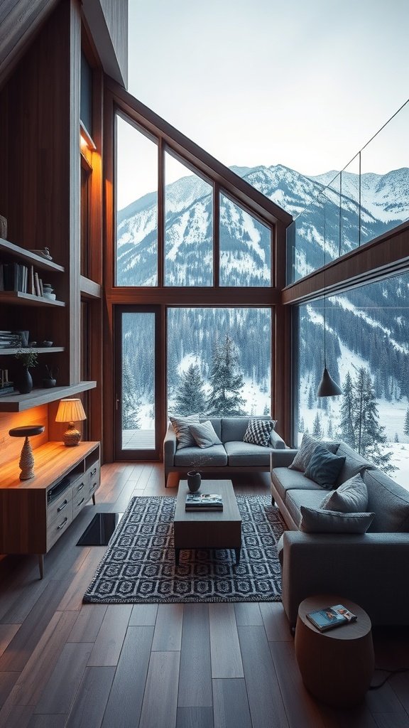 A cozy living room with large windows showcasing a mountain view, featuring multi-functional furniture.
