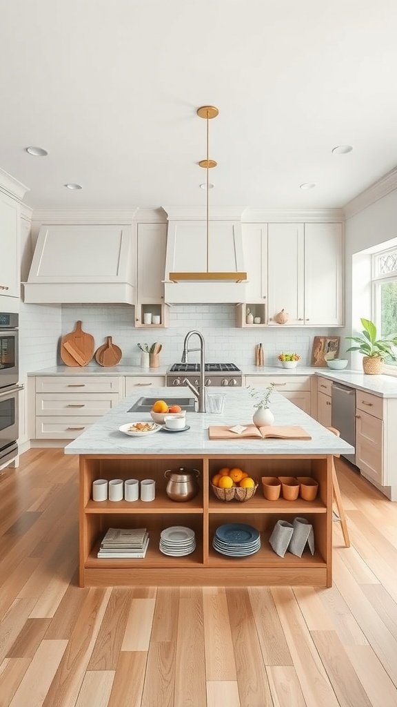 Modern loft kitchen with a functional kitchen island featuring open shelving and a marble countertop.