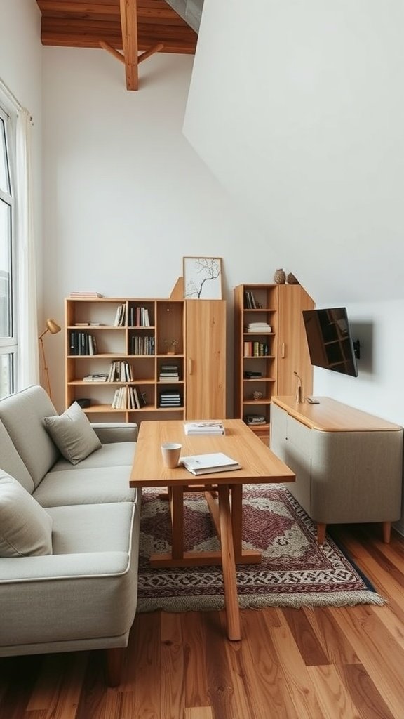 Cozy Japanese-style loft with a light wood interior, featuring a sofa, coffee table, and shelves