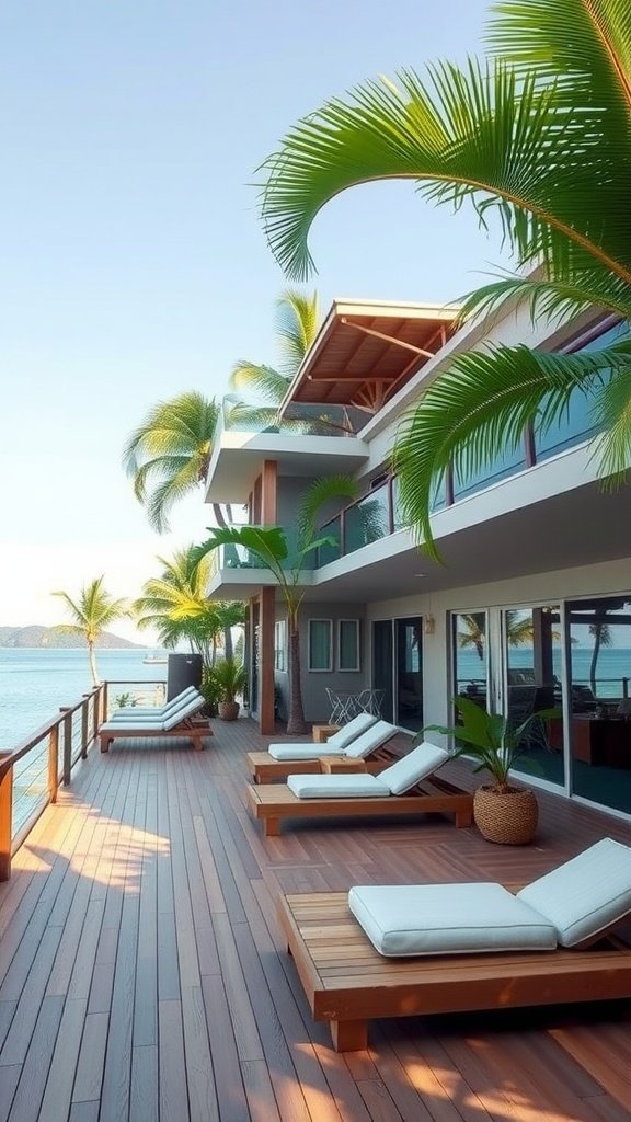 A beautiful multi-level deck with loungers, surrounded by palm trees and overlooking the ocean.