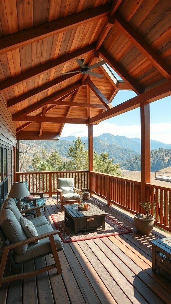 Cozy multi-level deck with wooden design, comfortable seating, and mountain views