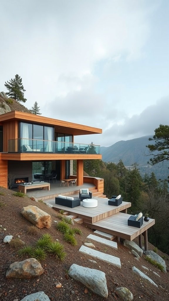 Modern multi-level hillside house with open living areas and stunning mountain views