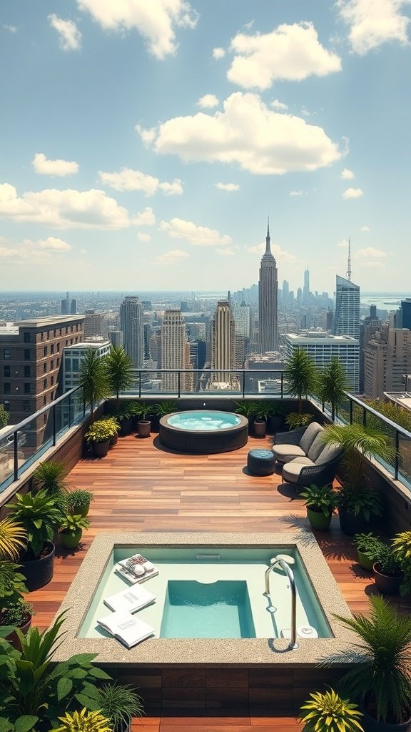 Luxurious multi-level rooftop with hot tub and skyline view