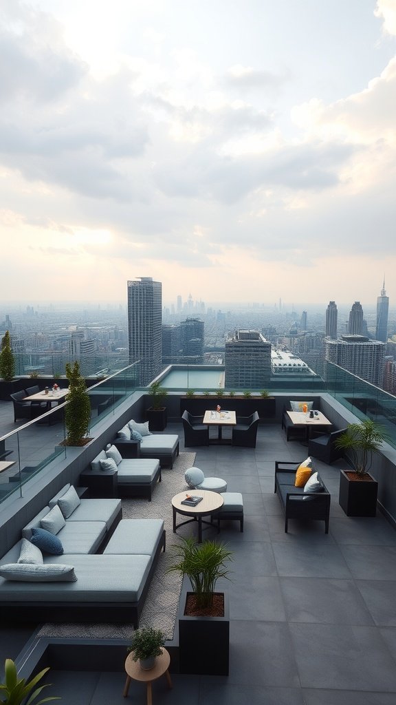 A multi-level terrace featuring comfortable seating areas and a dining space with a city view.