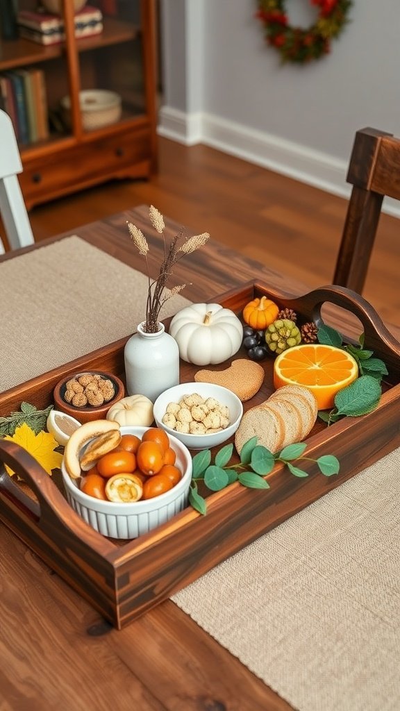 A wooden serving tray filled with assorted snacks, fruits, and decorative pumpkins, set on a farmhouse dining table.