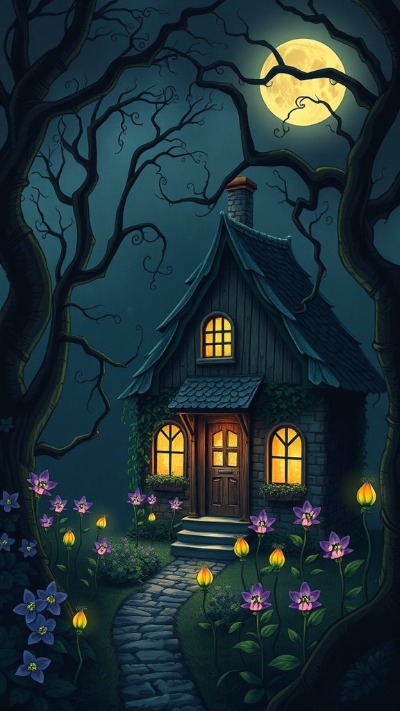 A cozy cottage illuminated by moonlight, surrounded by whimsical flowers and dark trees.