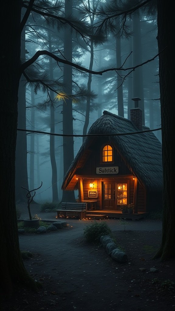 A charming timber cottage with a thatched roof glowing warmly in a misty forest
