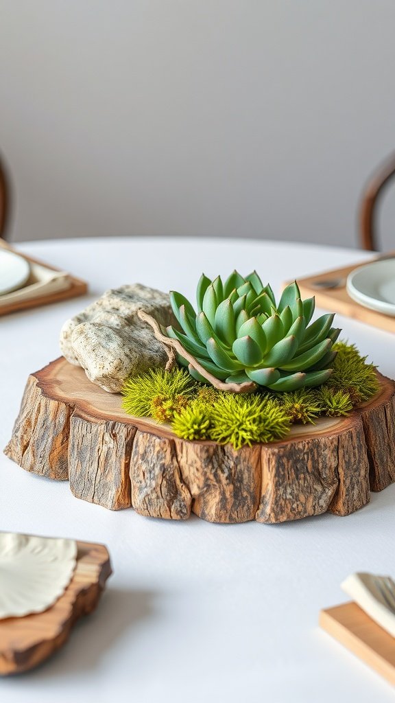 A rustic centerpiece featuring a wooden slab, succulent, moss, and stone on a table.