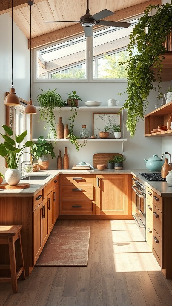 A modern loft kitchen featuring wood accents, plants, and natural light.