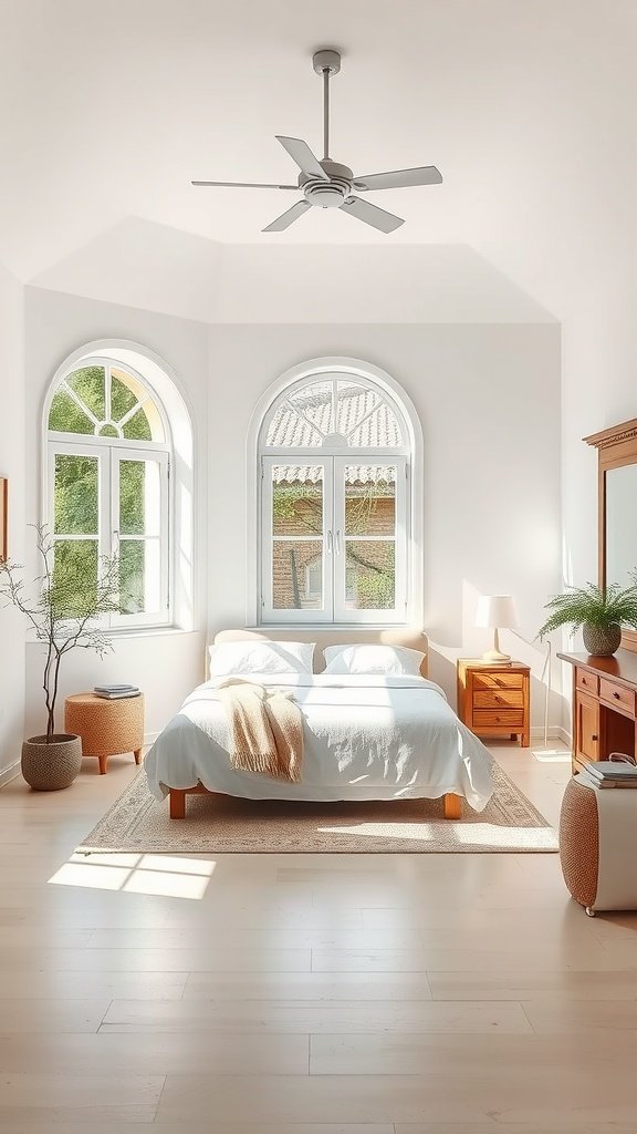 Bright and airy bedroom with large arched windows and a cozy bed.