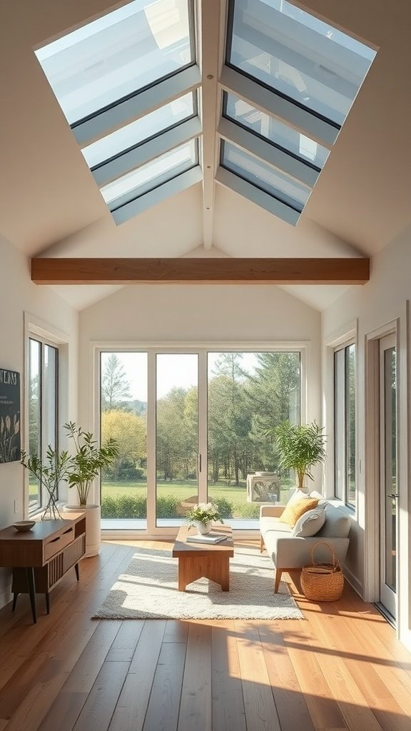 Bright and airy interior of a modern cottage with large skylights and glass doors
