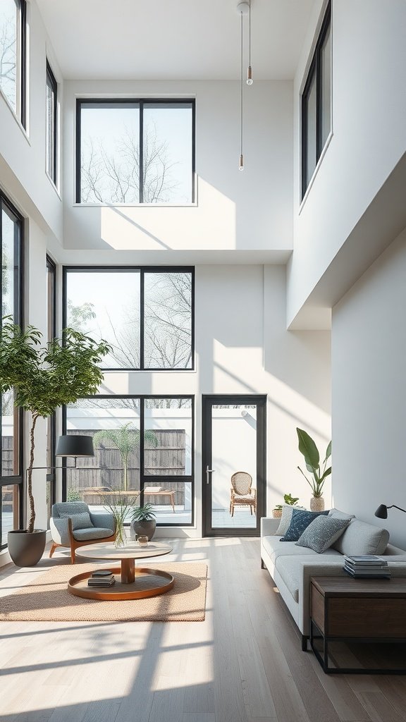 A bright living room with large windows and a modern interior design, featuring plants, a coffee table, and comfortable seating.