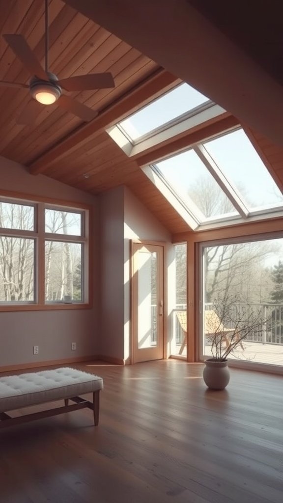 Bright interior of a mid-century modern tiny house with large windows and skylights.