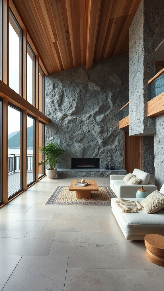 A modern penthouse living room featuring stone walls, wooden beams, and large windows overlooking a scenic view.