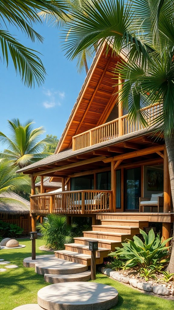 A modern tropical house featuring wooden architecture, surrounded by palm trees and a landscaped garden.
