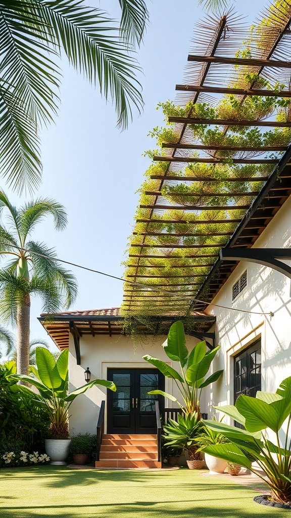 A modern tropical house with a pergola covered in greenery and lush landscaping