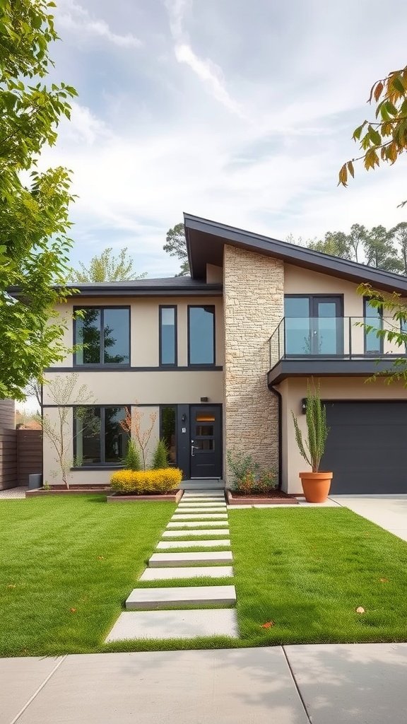 A modern house featuring natural stone accents with a well-maintained lawn and pathway.
