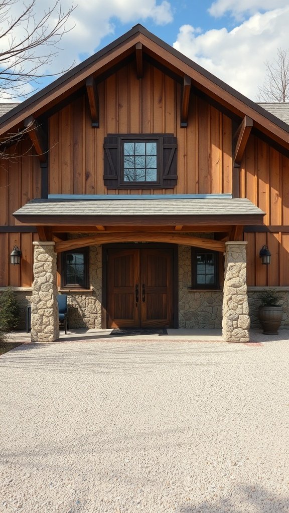 A barn house exterior featuring natural stone accents and wooden siding.