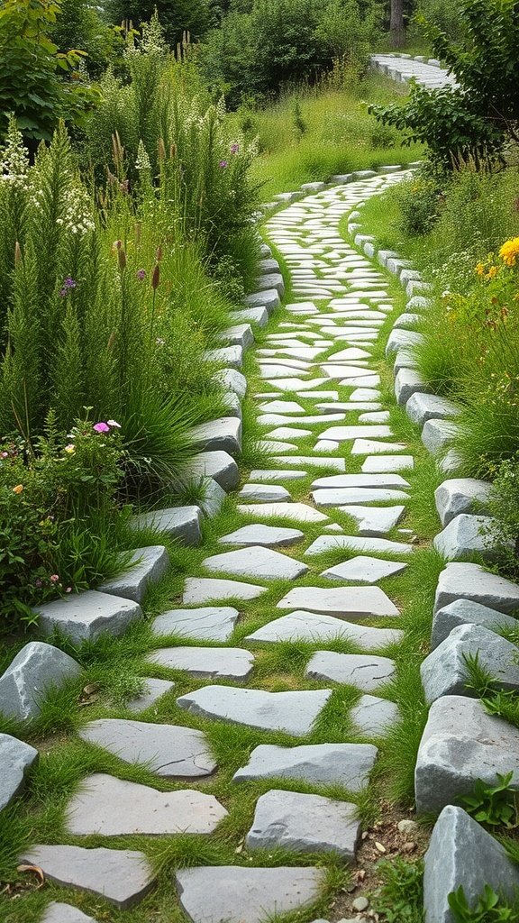 Winding natural stone pathway surrounded by lush greenery and colorful flowers