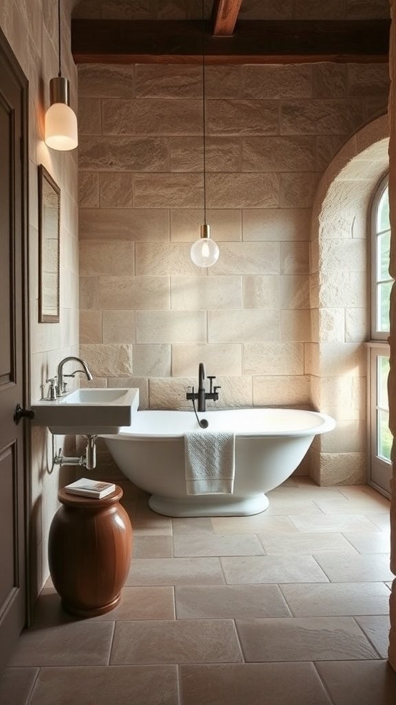 Farmhouse bathroom with natural stone tiles, a freestanding tub, and wooden accents.