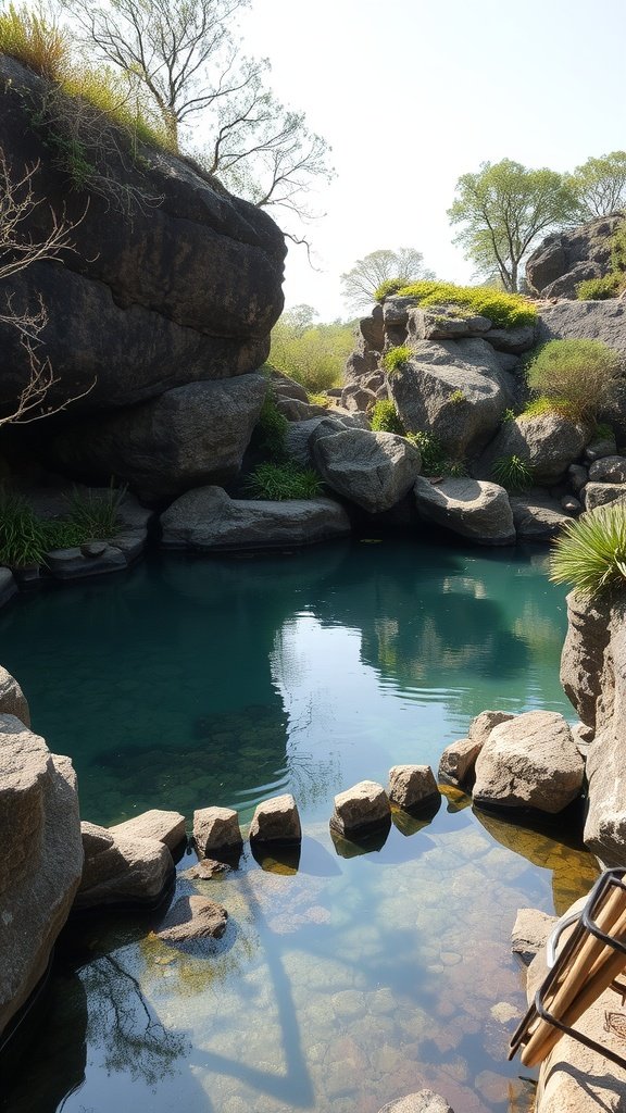 A natural swimming pool surrounded by rocky formations and greenery, reflecting the sky.