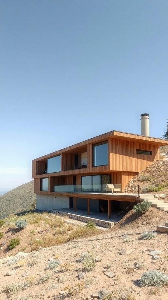 A hillside house with large windows and wooden exterior, showcasing natural ventilation design.