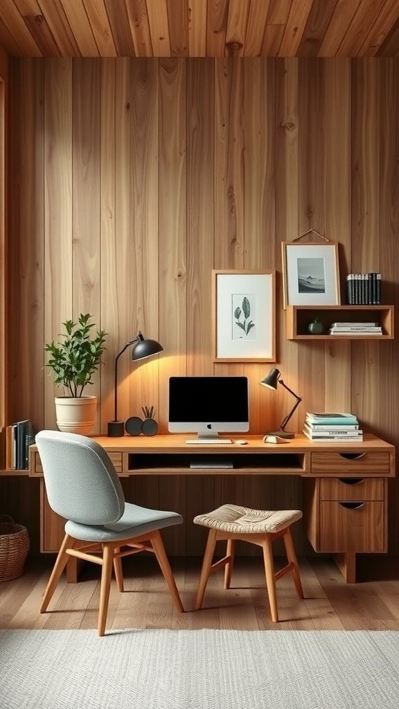 Home office space featuring natural wood elements in decor, including wooden walls, a desk, and a chair, complemented by plants and soft lighting.