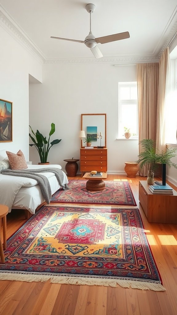 A cozy bedroom featuring natural wood floors and colorful bohemian rugs, with a bed, plants, and warm-toned furniture.