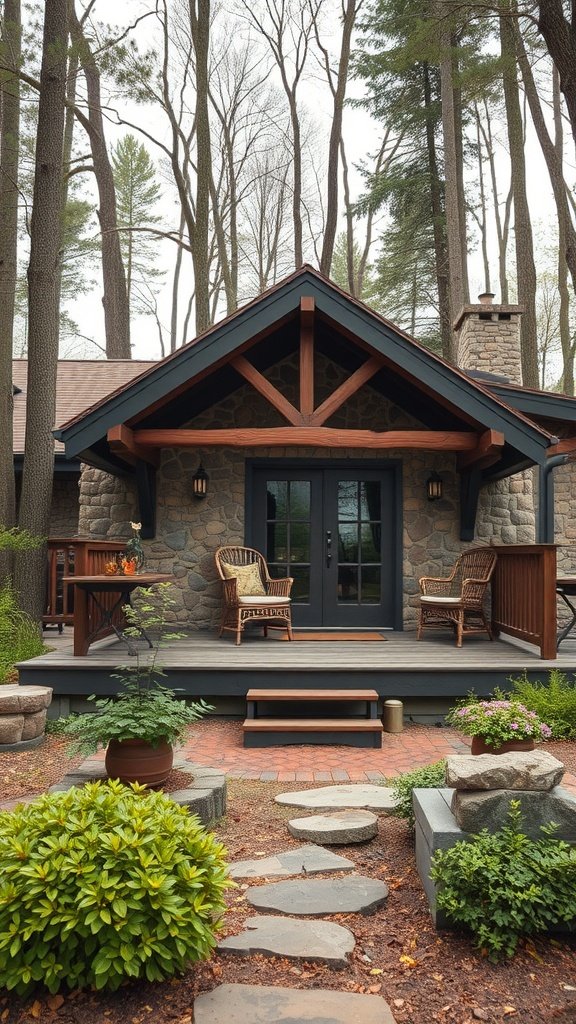 A cozy stone house surrounded by trees, featuring a welcoming porch and lush garden.