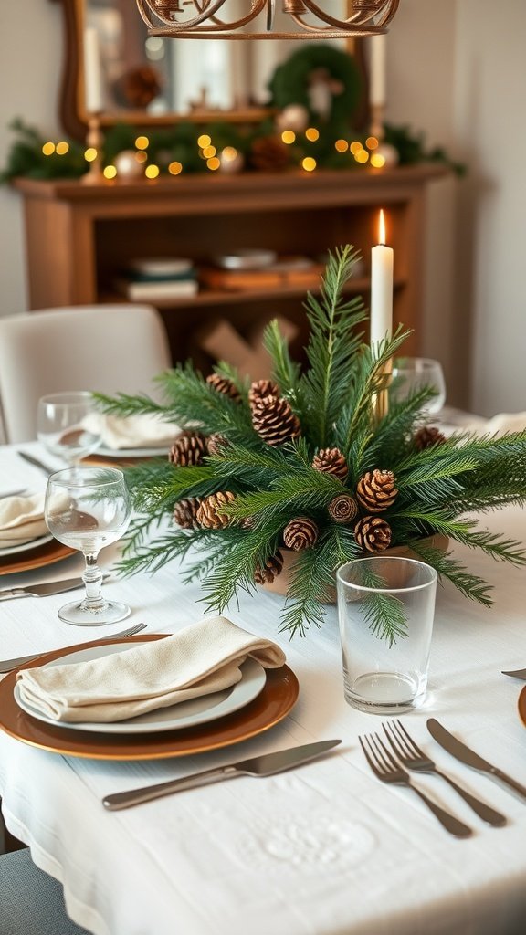 A winter cabin table set with a nature-inspired centerpiece featuring pine branches and pinecones.