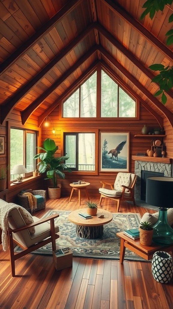 Cozy mid-century modern living room with wooden walls, large windows, and nature-inspired decor.