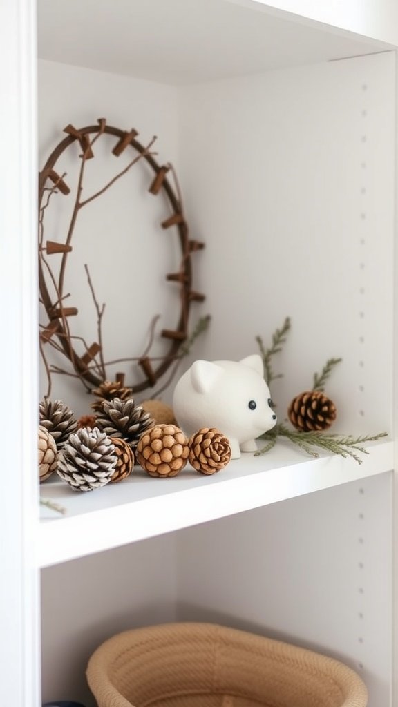 Nature-inspired decor in a farmhouse nursery featuring pinecones, a bear figurine, and a wooden wreath.