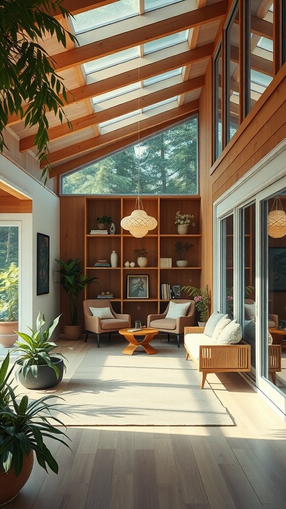 A bright, nature-inspired interior with wooden beams, large windows, and plants.
